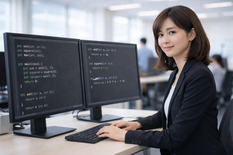 複数の小さな関数で構成されたC言語プログラムを確認しながら微笑む女性エンジニア(明るいオフィス)