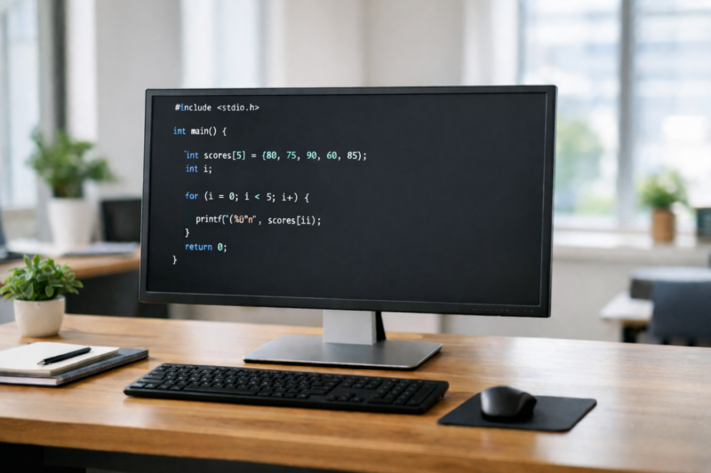 明るいオフィスでC言語のfor文と配列処理コードが表示されたデスクトップPC
