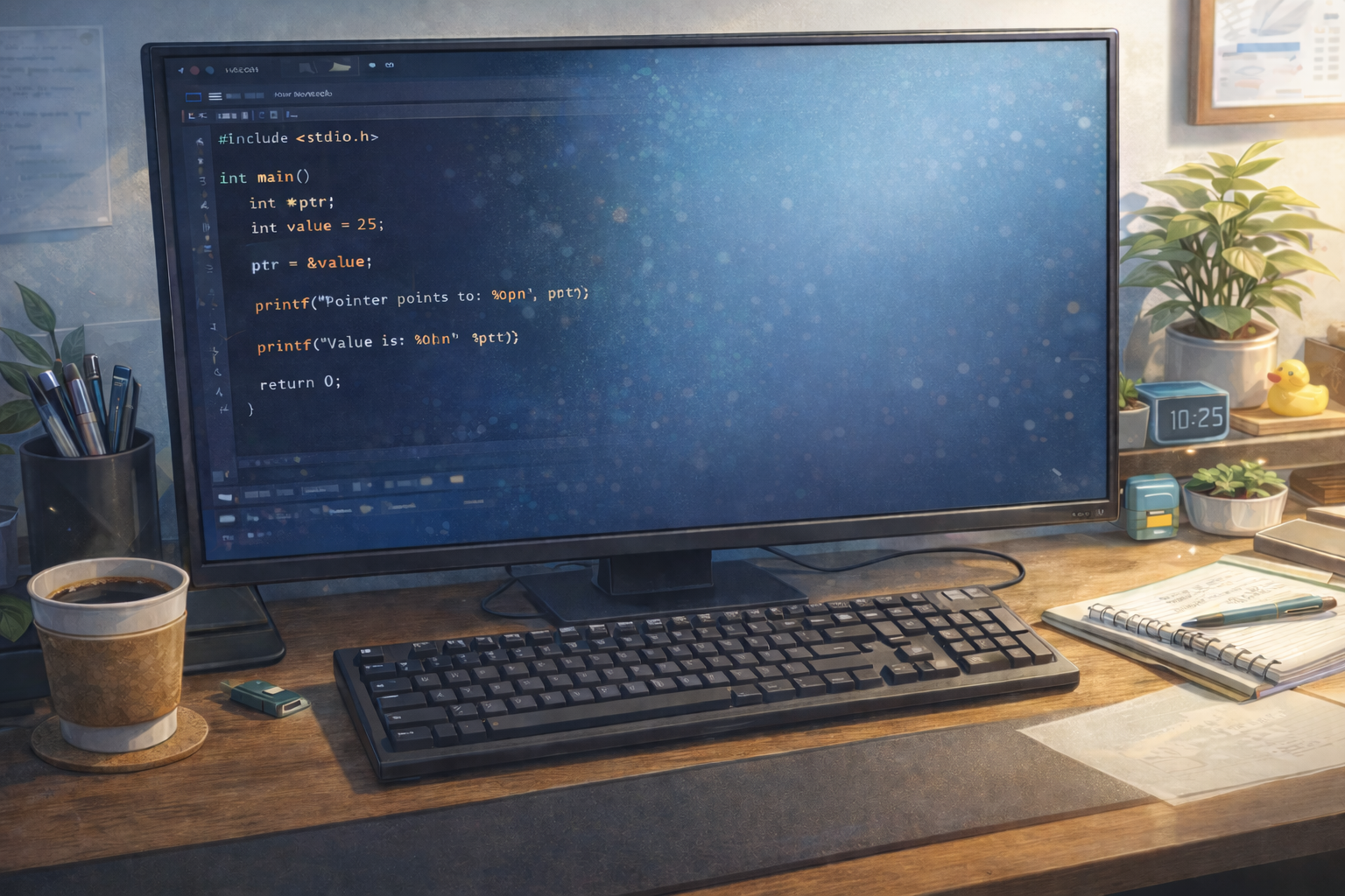 C言語のポインタと変数を解説する入門記事用イメージ。モニターにサンプルコードが表示されたITエンジニアの作業環境