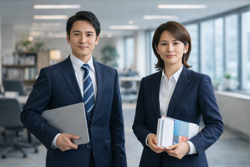 実務経験と資格学習をそれぞれ象徴する日本人ビジネスパーソンが並ぶオフィスの様子