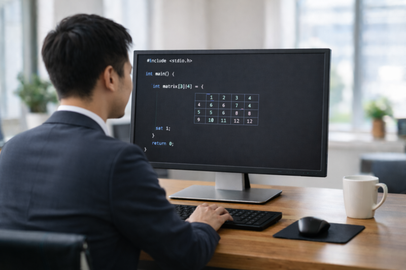 明るいオフィスでC言語の二次元配列コードを確認するスーツ姿の日本人若手エンジニア