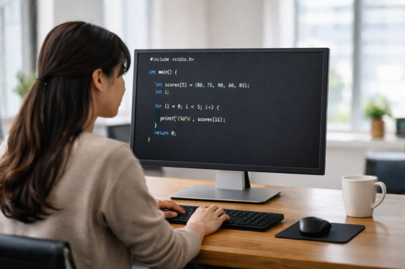 明るいオフィスでC言語の配列コードを確認する日本人女性エンジニア