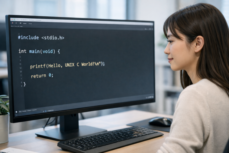 main関数とprintfを含むC言語の基本プログラムが表示されたモニター画面