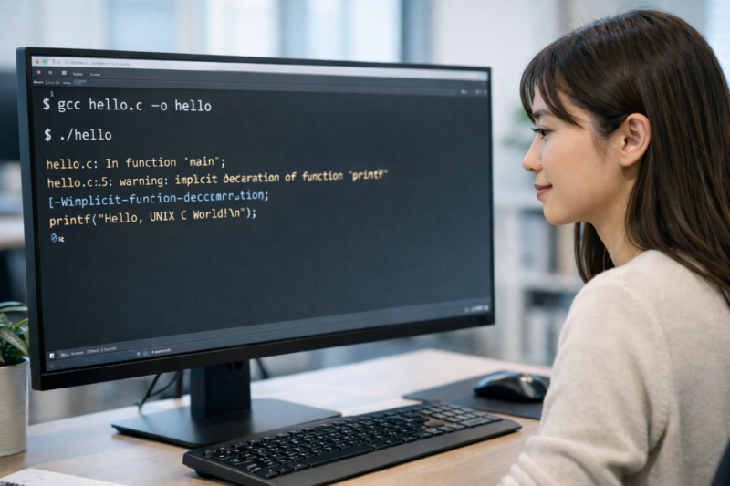 UNIXターミナルでgccコマンドを実行しC言語をコンパイルしている画面