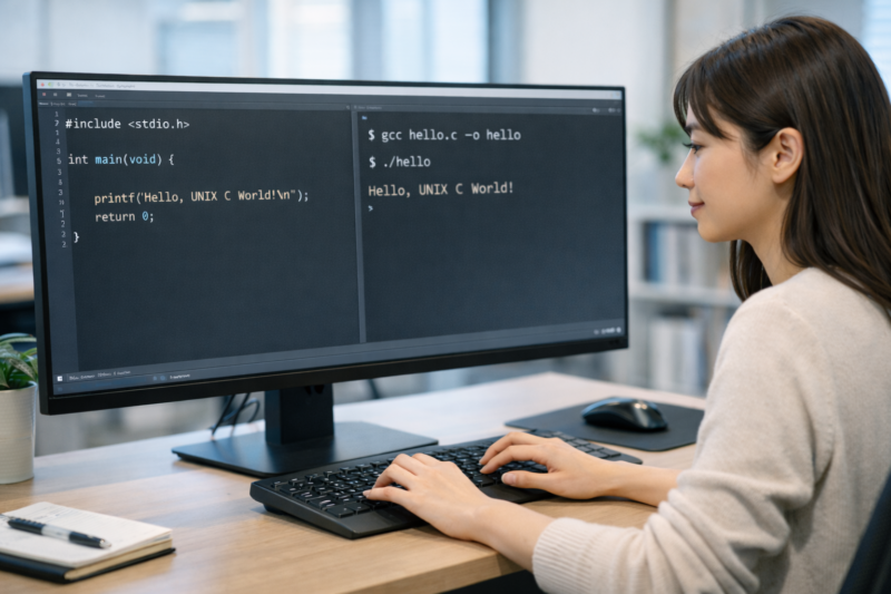 C言語のコード編集からコンパイル実行までの作業風景が表示されたデスクトップ環境