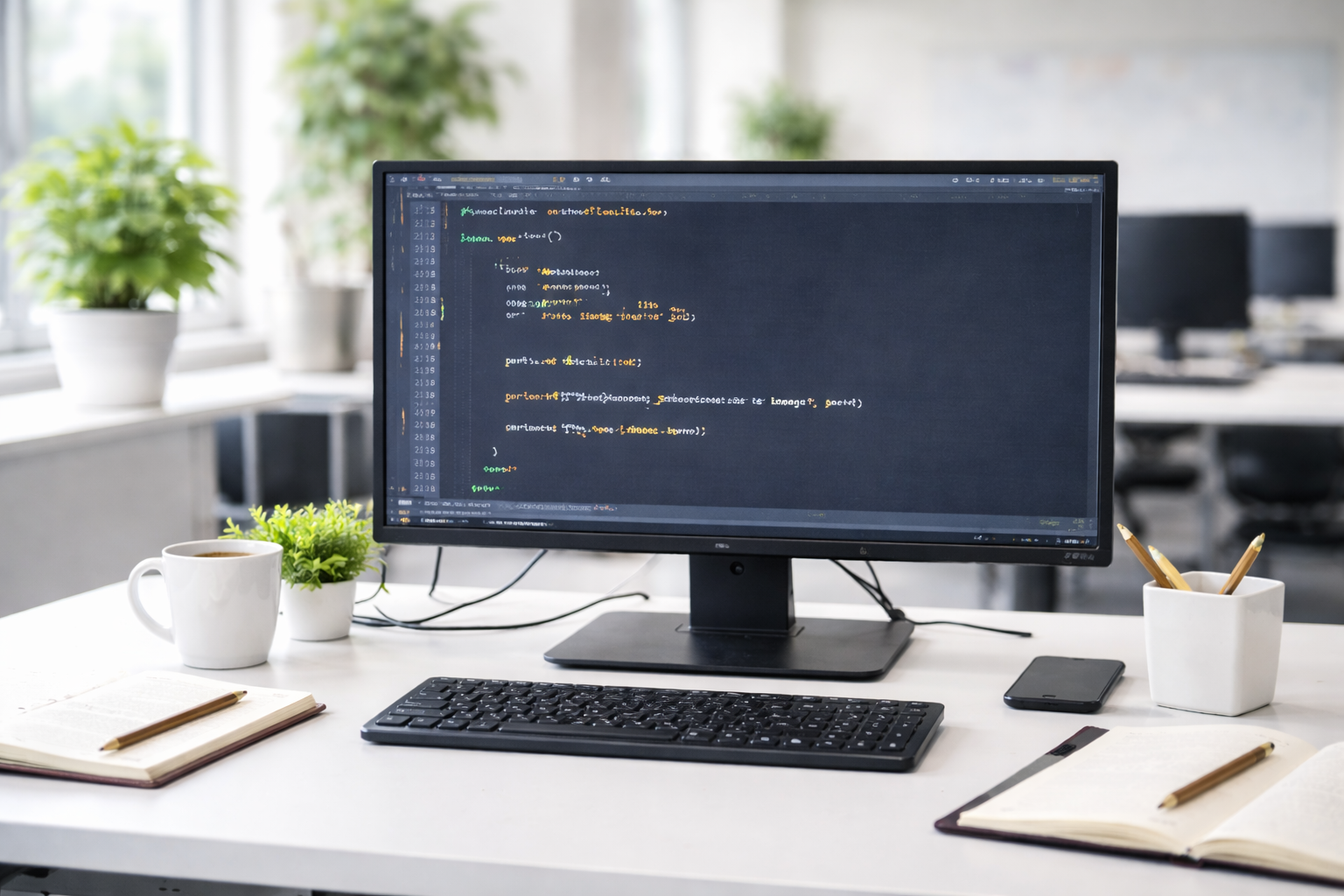 広いオフィスのデスクトップモニターにC言語のプログラムコードが表示されている様子。変数を解説する入門記事のイメージ。