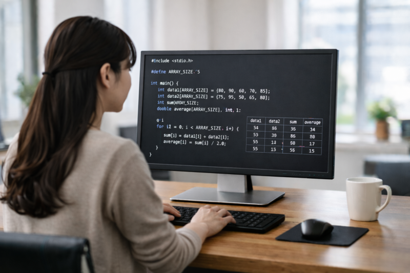 明るいオフィスでC言語の数値配列データを処理する若い女性プログラマー