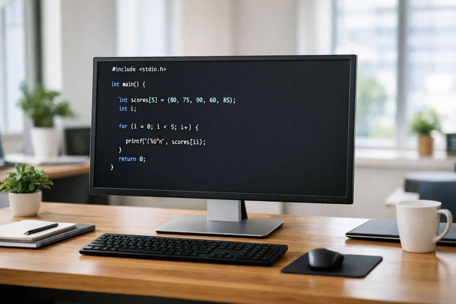 自然光の入るオフィスでC言語のmain関数と配列コードが表示されたモニター