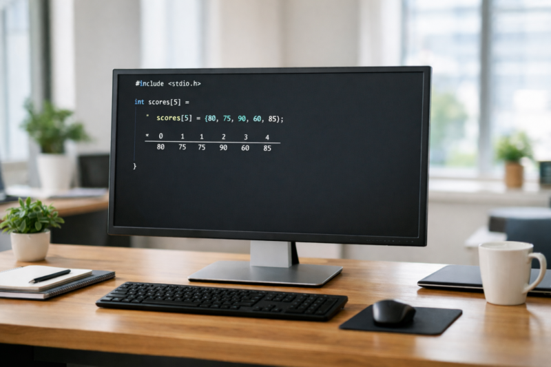 自然光の入るモダンなオフィスでC言語の配列コードが表示されたデスクトップPC