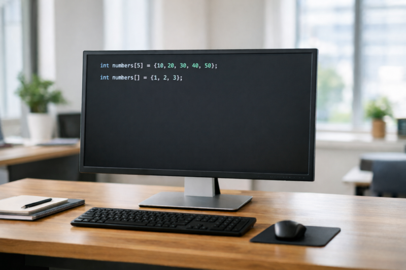 ミニマルなオフィスでC言語の配列宣言と初期化コードが表示されたデスクトップPC