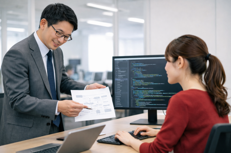 設計を担当するシステムエンジニアと、コードを書く女性プログラマーが協力して作業している様子