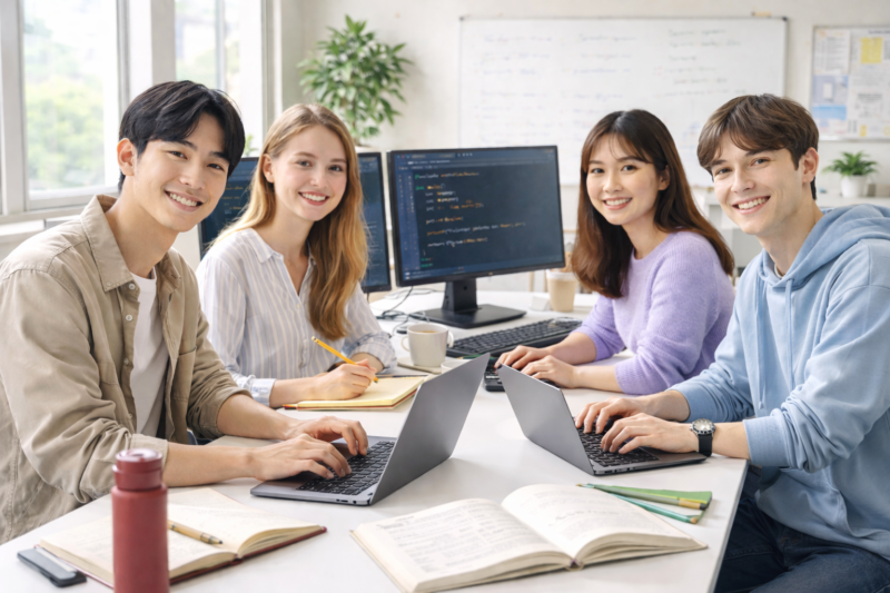 研究室でUNIX環境を使いC言語を学ぶ大学生たち。清潔で明るい室内で前向きに学習している男女の様子。