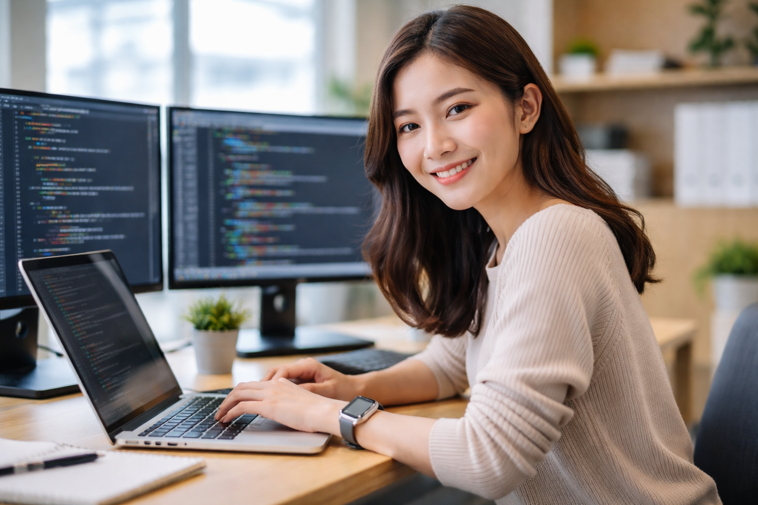 女性エンジニアの笑顔と仕事風景