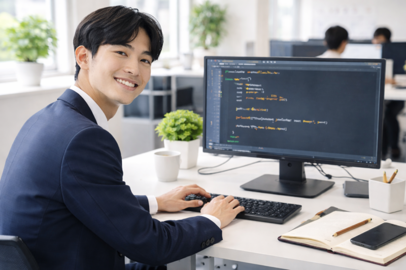 明るく清潔なオフィスでデスクトップパソコンにC言語のコードを入力する日本人の新人ITエンジニア。