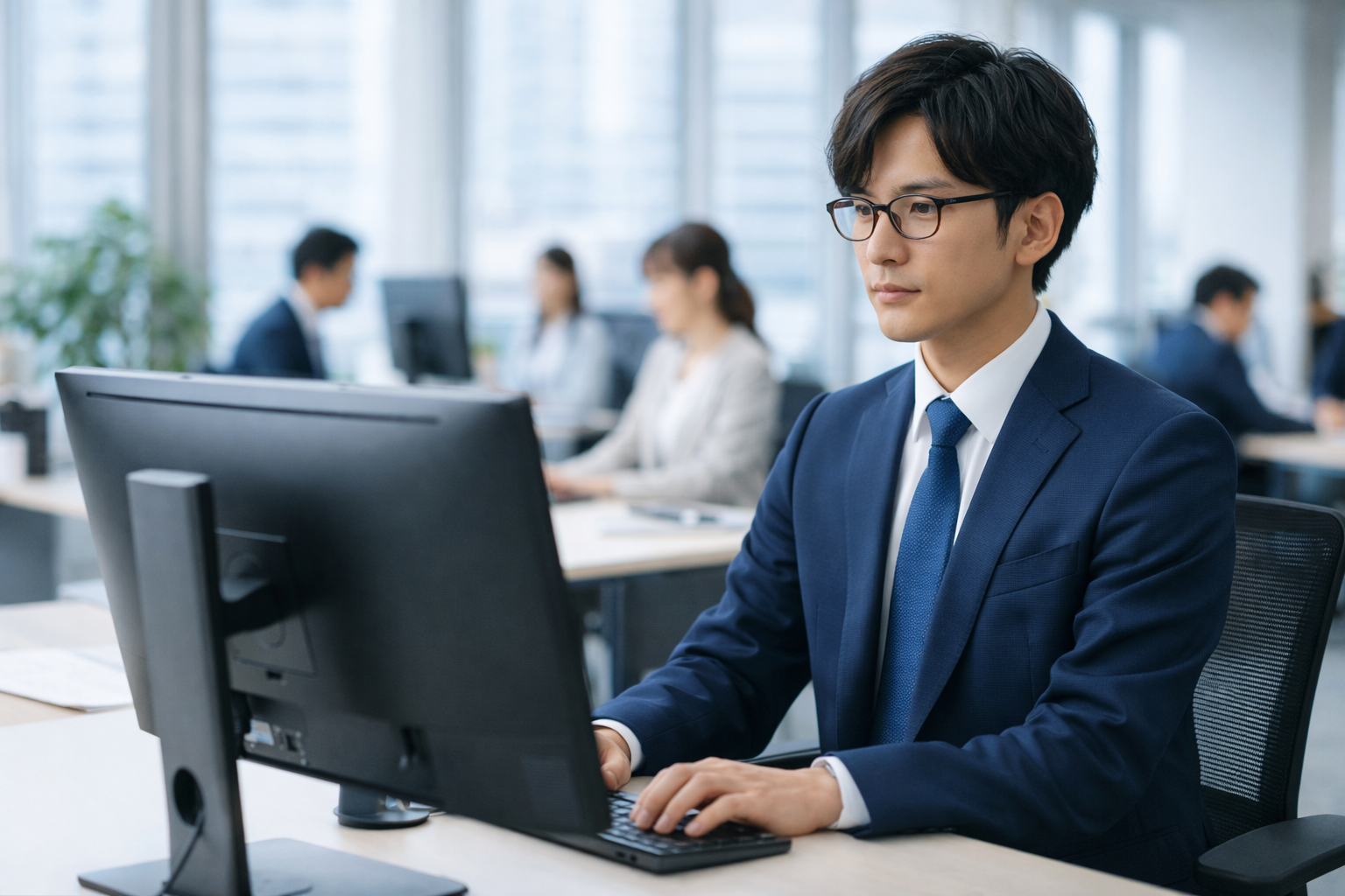 インテリジェントビル内のオフィスで、デスクトップPCの前で作業する日本人の若いプログラマー