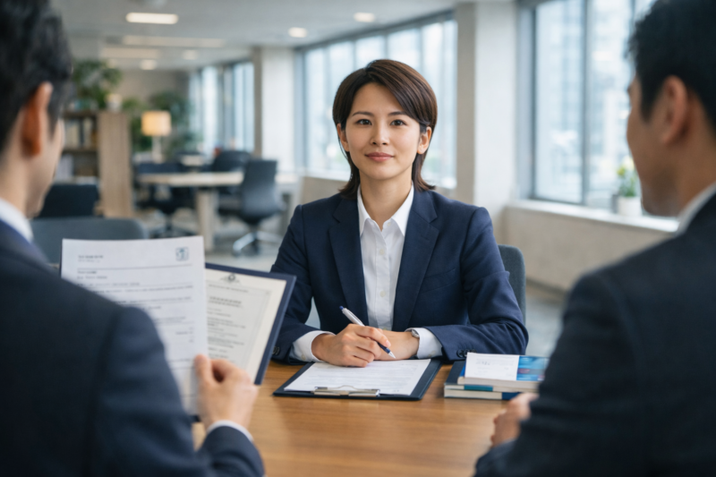 alt="履歴書や資格書類を前に面接を受ける日本人女性ビジネスパーソンの様子"