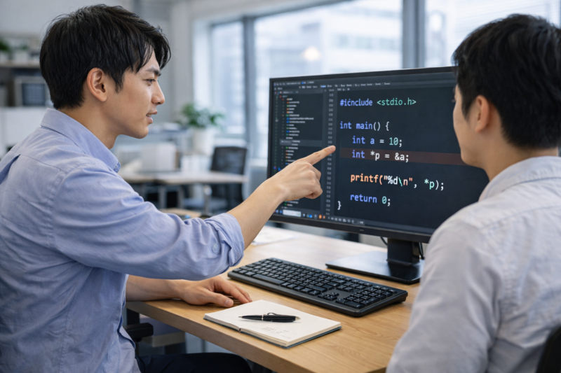 C言語のポインタ記号 & と * の違いを説明するエンジニア