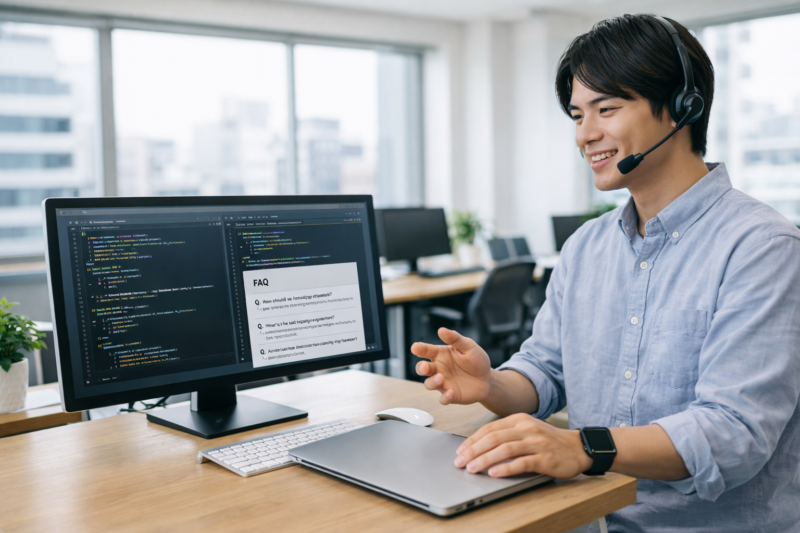 オンライン会議で質問に答える日本人ITエンジニアとソースコードが表示されたモニター