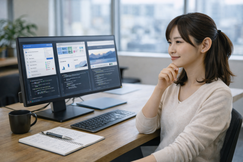 ポートフォリオを整理・確認する女性ITエンジニア