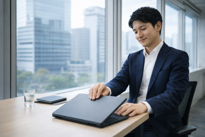 仕事を終えて満足そうなITエンジニア