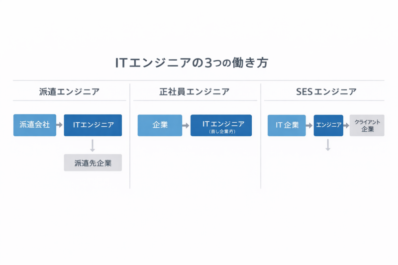 ITエンジニアの働き方比較図(派遣・正社員・SES)