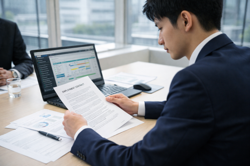 ITエンジニアが契約内容を確認しているビジネスシーン