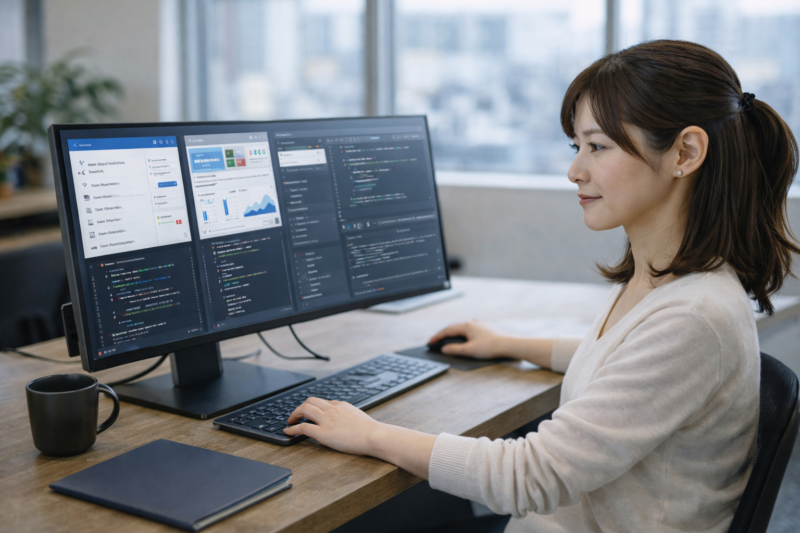 V
開発ツールやテンプレートを活用する女性ITエンジニア