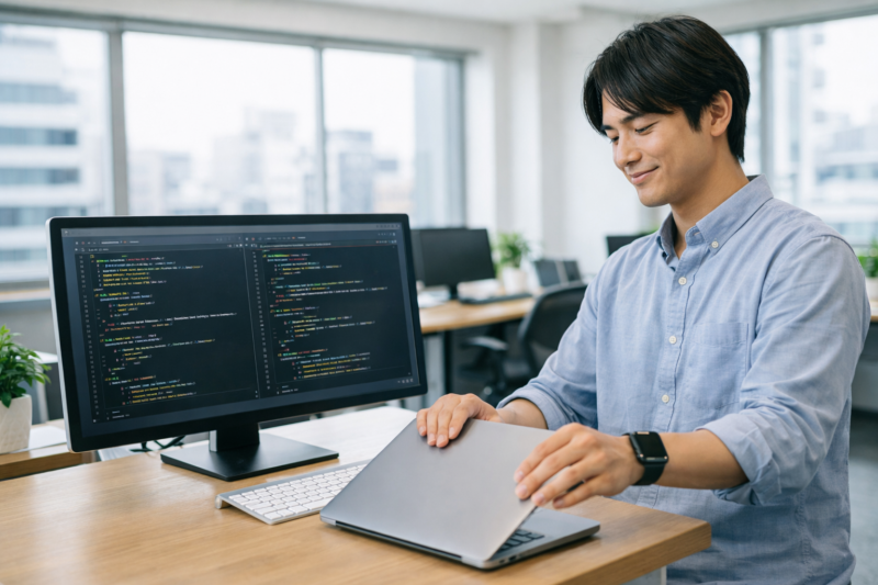 仕事を終えて満足そうにノートパソコンを閉じる日本人ITエンジニア