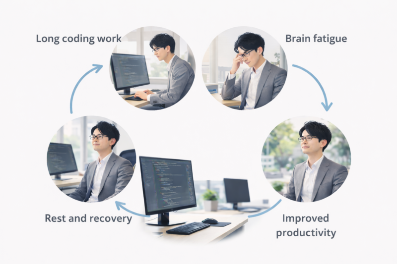 ITエンジニアの脳疲労と回復サイクルを説明した図解