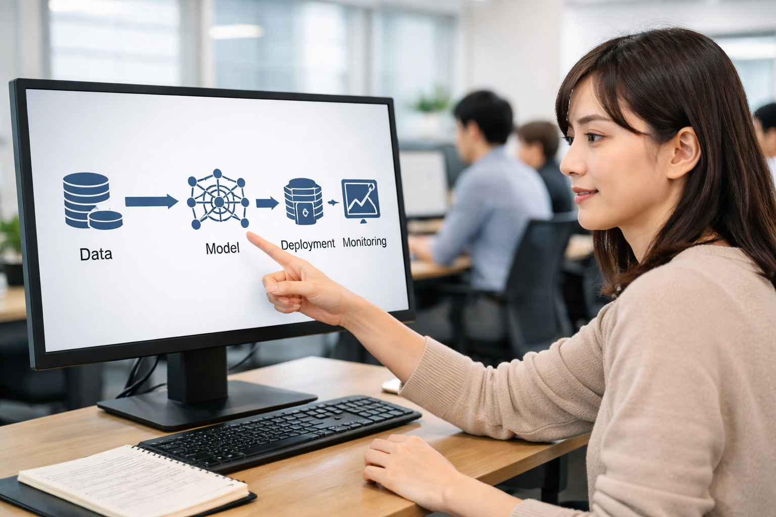 MLOpsのワークフローを確認する日本人女性AIエンジニア