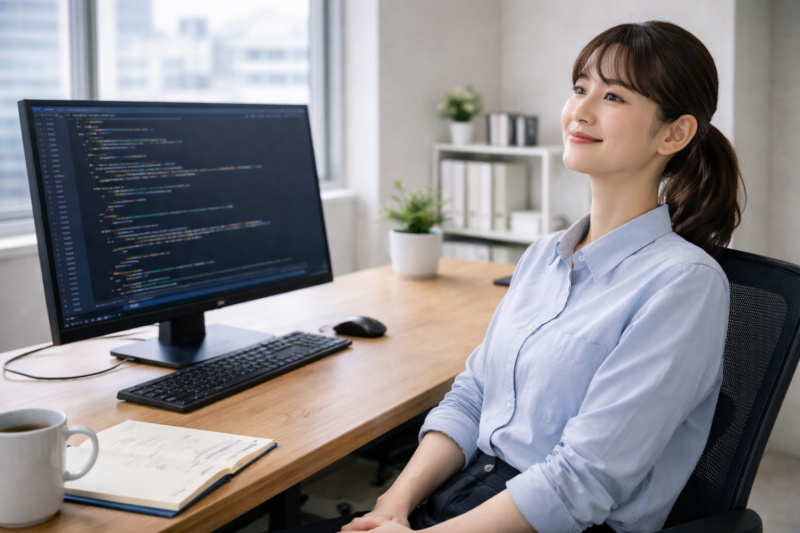 学習を終えて達成感を感じる女性エンジニア