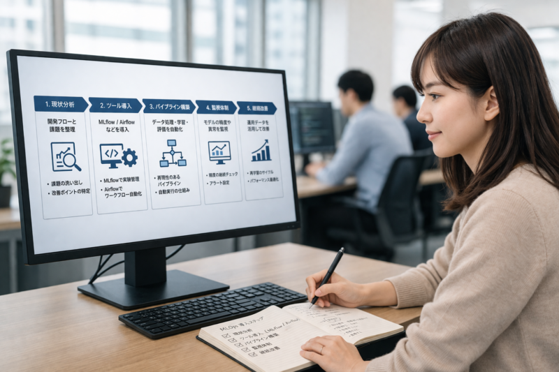 MLOps導入手順を整理する日本人女性AIエンジニア
