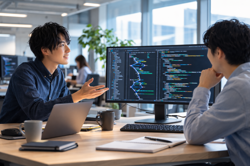 Gitリポジトリを確認しながら議論する若手エンジニア