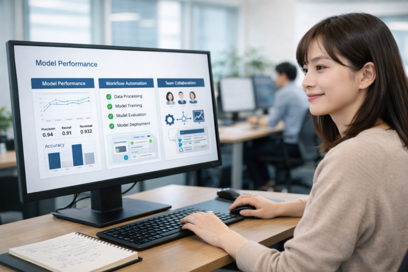 MLOps導入の効果を確認する日本人女性AIエンジニア