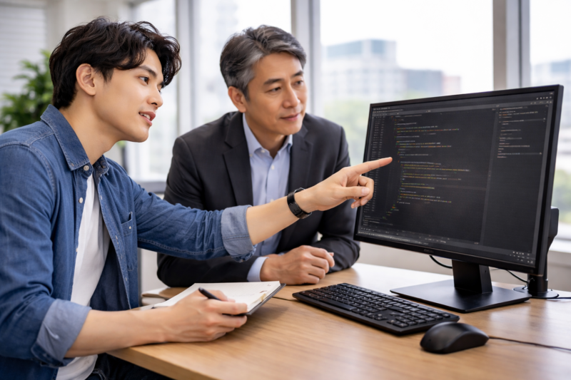 エンジニアが成果物を説明して評価される場面