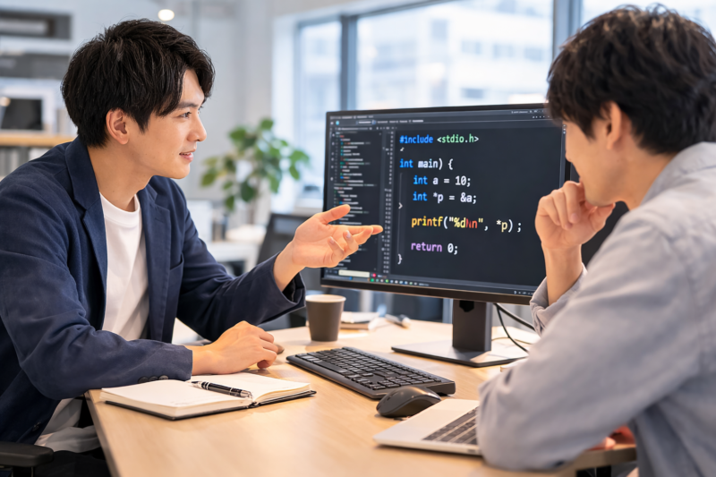 C言語プログラムを議論している日本人エンジニア