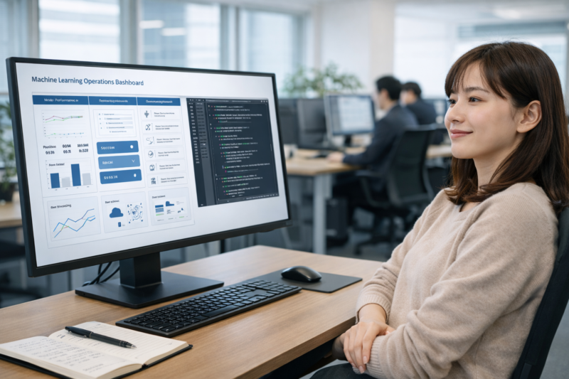 MLOpsの理解を深めて満足した表情の日本人女性AIエンジニア