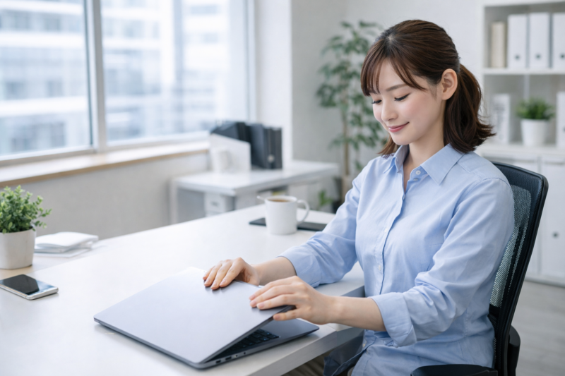 作業を終えてノートパソコンを閉じる日本人女性エンジニアの満足した表情