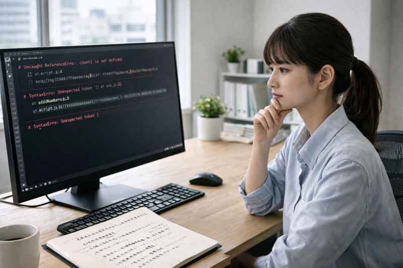 エラーに悩みながら原因を考える女性プログラマー