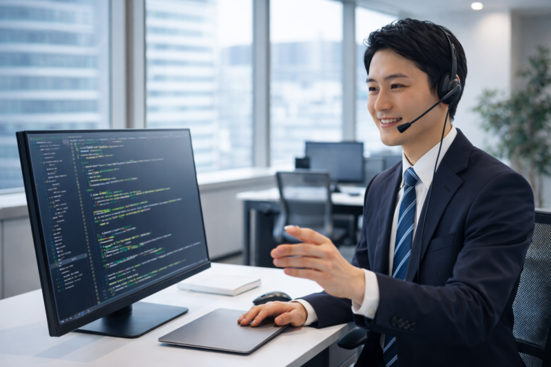 派遣ITエンジニアが仕事についての質問に答えているイメージ