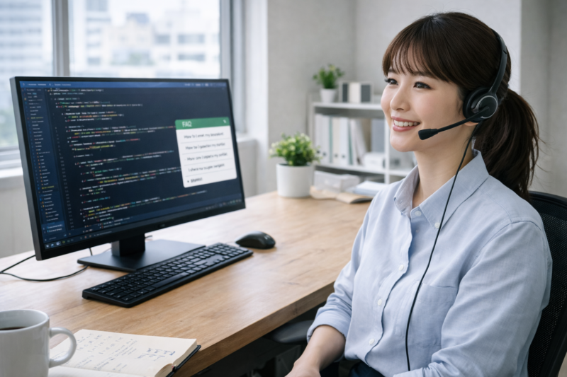 質問に答えるために対応している女性ITエンジニア（FAQイメージ）