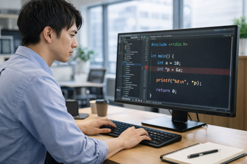 C言語ポインタのバグを確認しているエンジニア