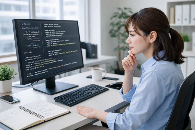 コードの課題について考える女性エンジニア