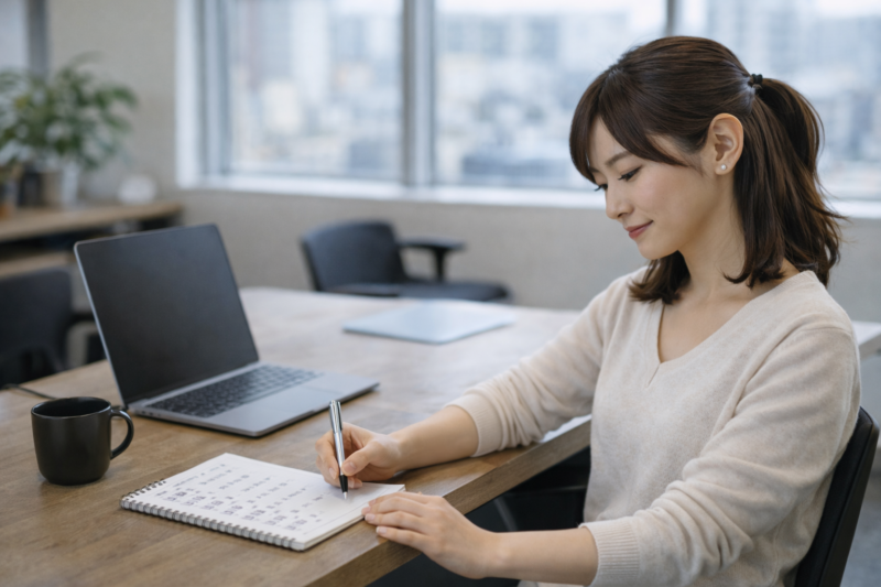 初案件に向けてチェックリストを確認する女性ITエンジニア
