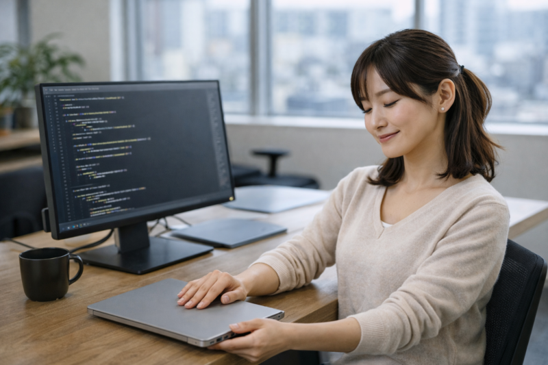 学習を終えて達成感を感じる女性ITエンジニア