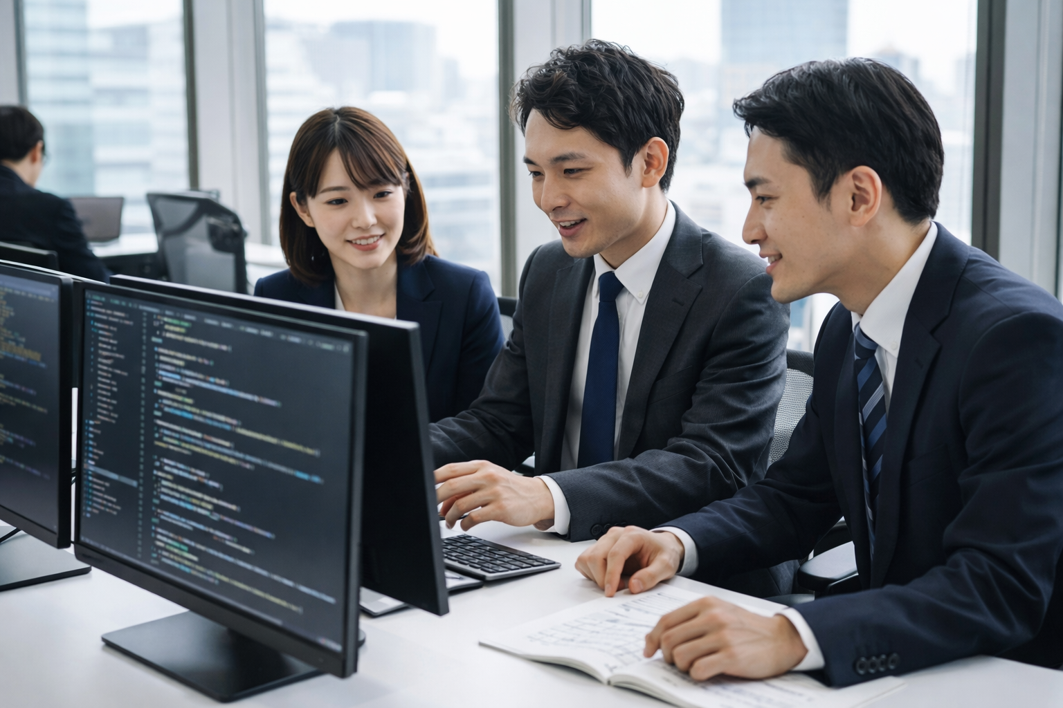 日本のモダンなオフィスでプログラミングをしながら打ち合わせをする若手ITエンジニア