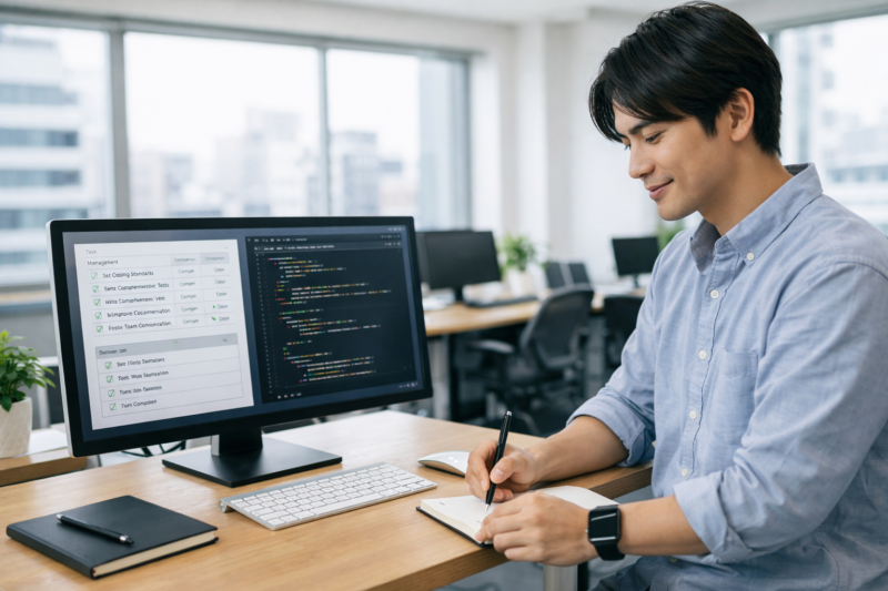 開発改善のメモを書きながらコードレビュー内容を確認する日本人ITエンジニア