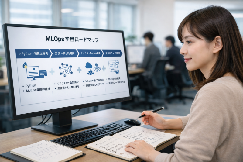 MLOps学習ロードマップを確認する日本人女性AIエンジニア