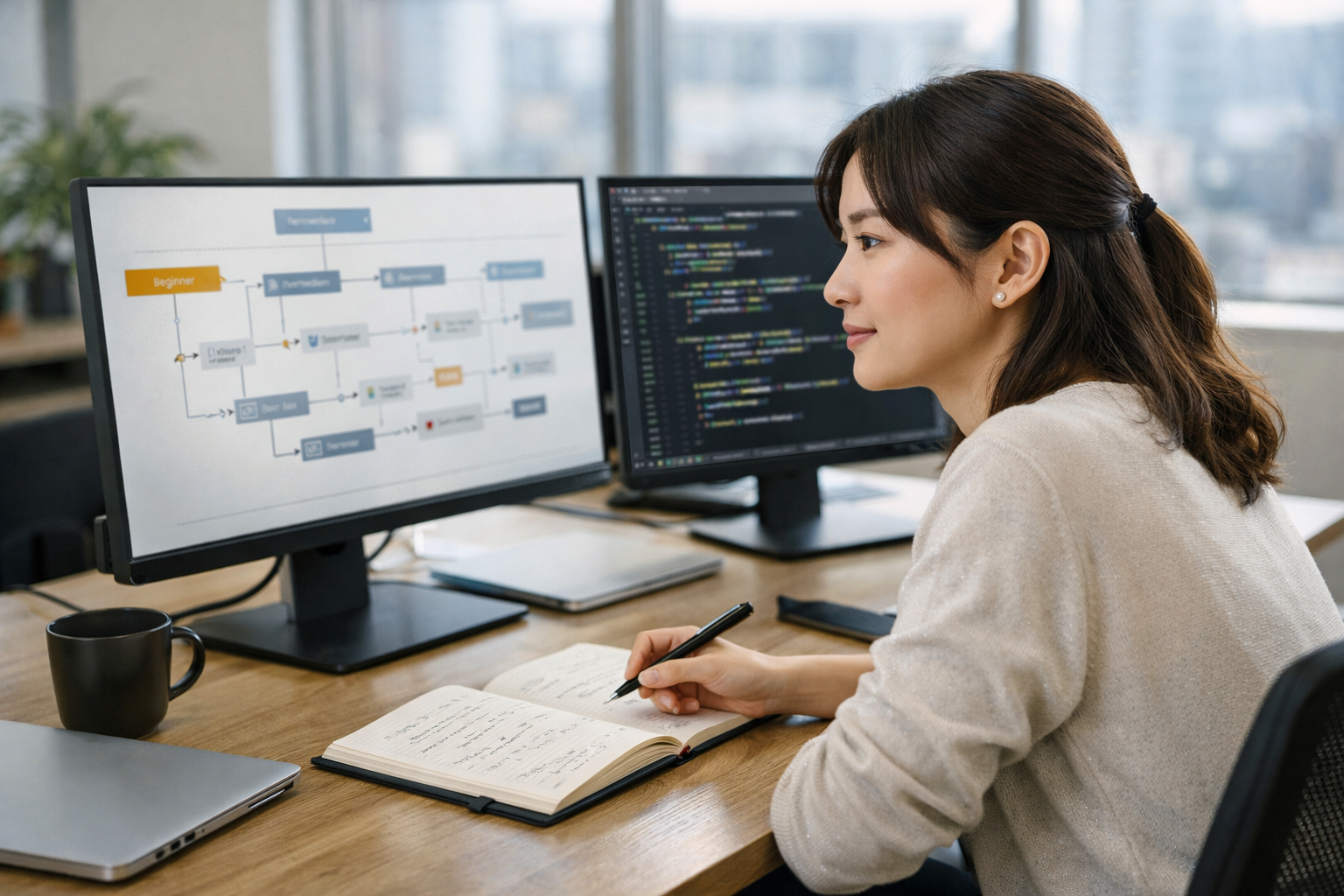 学習ロードマップを確認しながら成長を目指す女性ITエンジニア