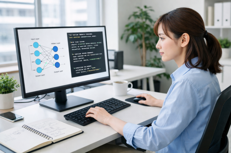機械学習アルゴリズムを確認する女性エンジニア